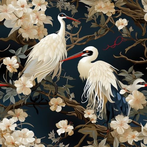 18"x236" Vintage Beige Black Crane Birds Floral Peel and Stick Self Adhesive Wallpaper Removable Contact Paper Stick on Easy Peel Off Wall Paper for Kitchen Bedroom Bathroom Renter