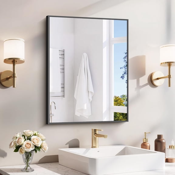 18"x24" Black Rectangular Bathroom Mirror with Aluminum Frame