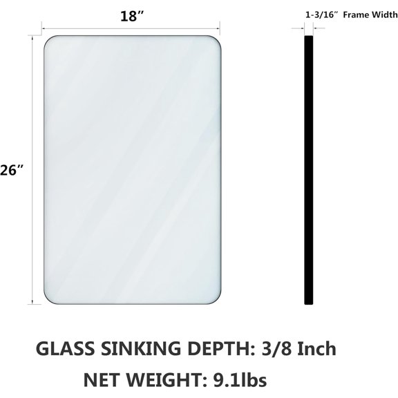 18"x26" Black Rounded Rectangle Metal Frame Bathroom Mirror | On Sale | 1/4" Shatterproof Glass Ultra-Flush Hanging Farmhouse