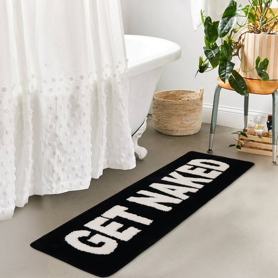 18"x47" 'GET NAKED' Bath Mat - Large Non-Slip Runner Rug - Funny Soft Absorbent Bathroom Decor for Shower, Bathtub, Laundry Room, and Bedroom-Black
