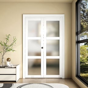 18"x78" Bifold Slding 3-Lite Frosted Glass White PVC Wrapped Modern Interior Door for Laundry Pantry Closet Bathroom Contemporary Folding Space Saving Privacy with Concealed Hardware Kit