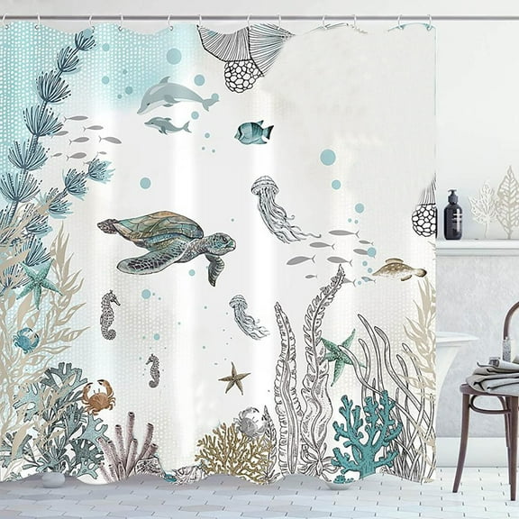180 * 180 Sea Coast Jellyfish Shower Curtain Blue Green Ocean Underwater Organisms Coral Seahorse Turtle F G Polyester Shower Curtain Color:F Material:Polyester-Cotton Blend