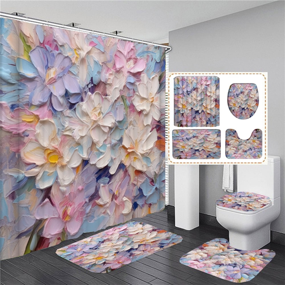 NTETSN Purple Rose Shower Curtain Set - 4 Pc With Rugs, Mat & Lid Cover, 72x72 Inches - View #6