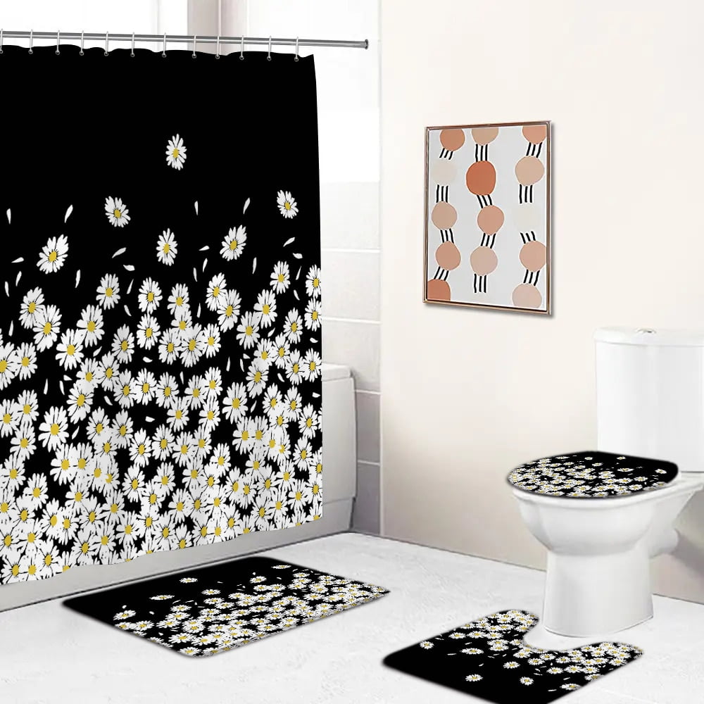 180*180cm Shower Curtain Black Flowers Plant Bathroom Curtains Set Bath