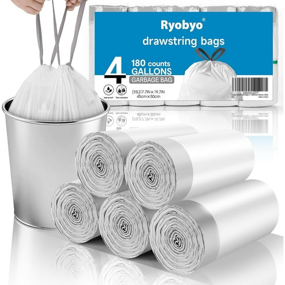 180 Counts Drawstring Small Trash Bags 2-4 Gallon, 4 Gallon Mini Trash Bag Extra Strong, Small Garbage Bags Unscented, Stretchy, Quick Cinch for Bathroom Bedroom Office,White