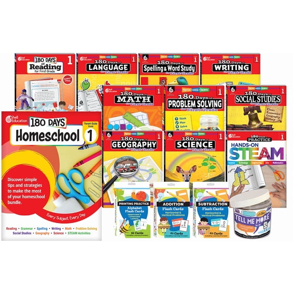 180 Days® Homeschool Grade 1 Set: Every Subject, Every Day (ten 180 Days® activity books, three flash card decks, and one In a Jar activity cards, and a parent guide)