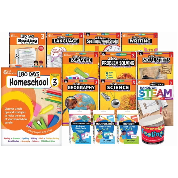 180 Days Homeschool Grade 3 Set: Every Subject, Every Day (ten 180 Days activity books, three flash card decks, and one In a Jar activity cards, and a parent guide)