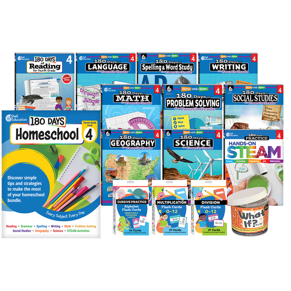 180 Days® Homeschool Grade 4 Set: Every Subject, Every Day (ten 180 Days® activity books, three flash card decks, and one In a Jar activity cards, and a parent guide)