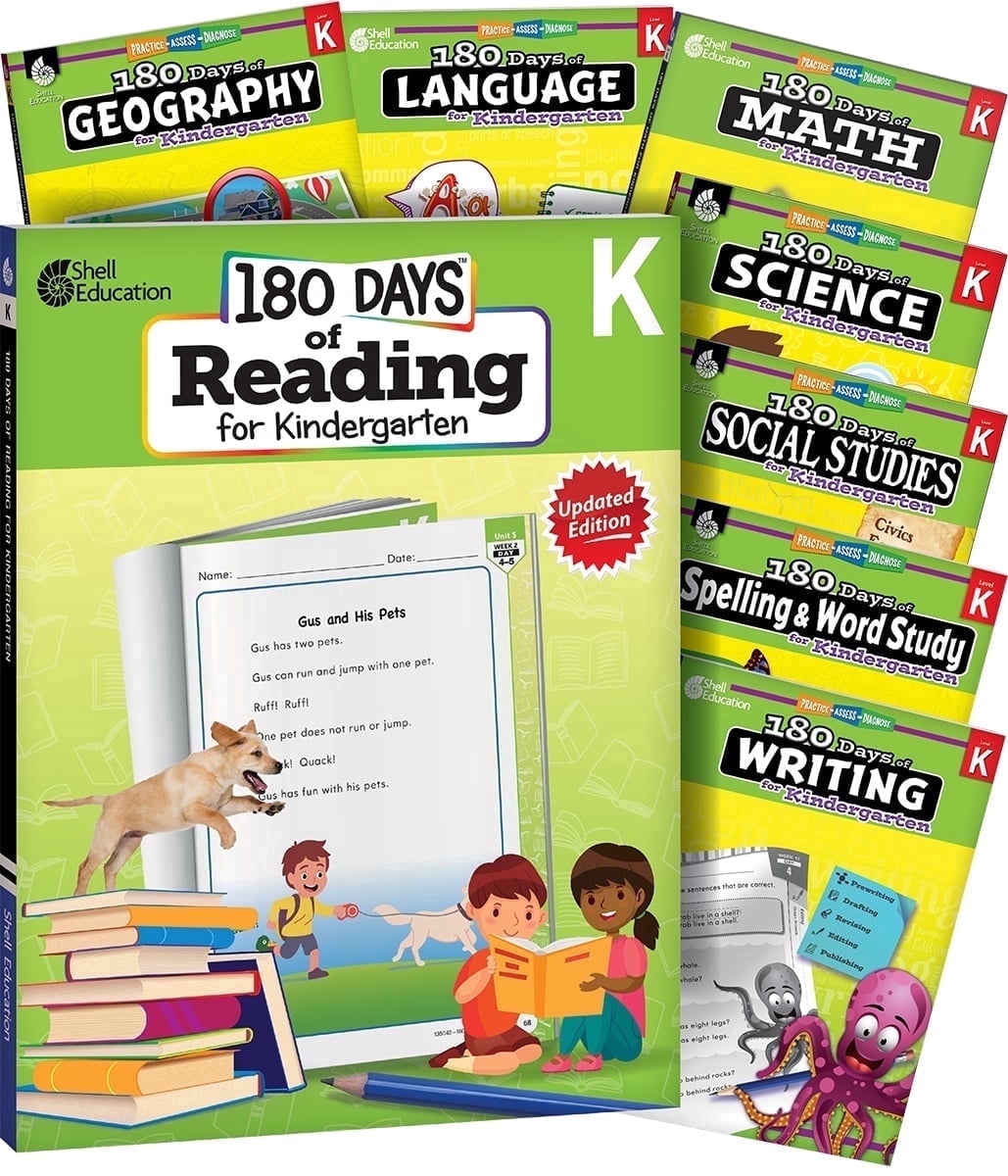 180 Days™: Kindergarten 8-Book Set: Daily Practice for Reading 2nd Edition, Writing, Spelling, Language, Math, Science, Social Studies, and Geography
