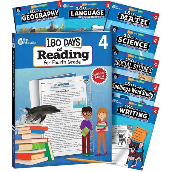 180 Days: Practice Workbooks for Fourth Grade: Reading 2nd Edition, Writing, Spelling, Language, Science, Math, Social Studies, and Geography