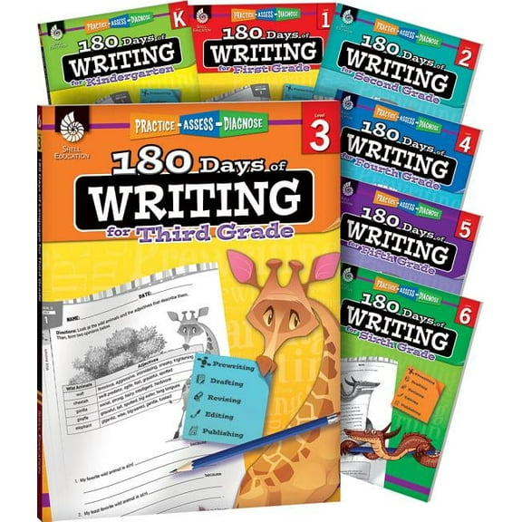 180 Days: Writing for K-6, Set of 7 Assorted Writing Workbooks, One Per Grade Level for Kindergarten through Sixth Grade (180 Days: Practice)