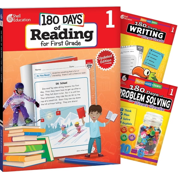 180 Days: 3 Book Bundle - Strengthen 1st Grade Skills with 180 Days: Reading 2nd Edition, Writing, and Problem Solving Practice Workbooks