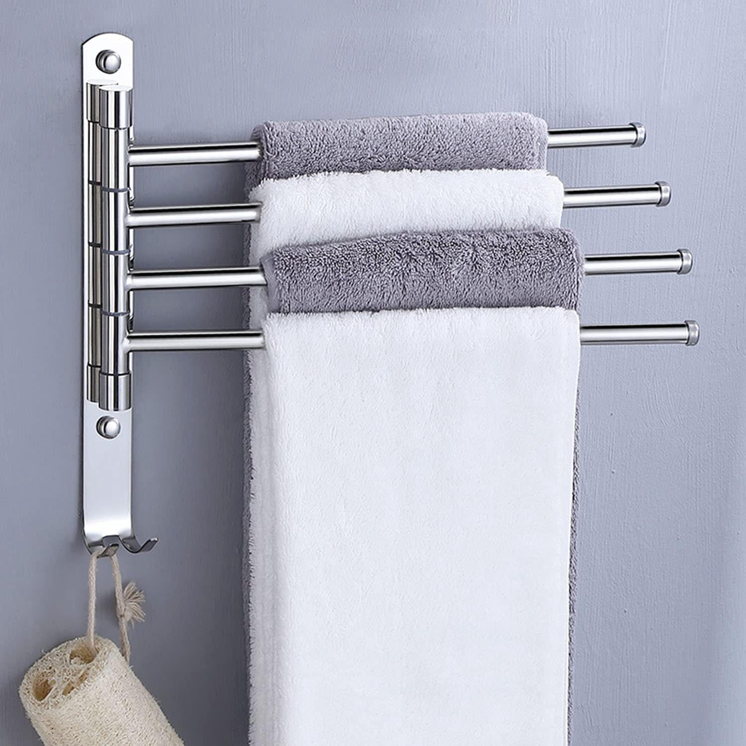 SUS304 Stainless Steel 4-Arm Swivel Towel Bar – 180° Rotation, Space-Saving Brushed Finish, 13.8″ Wall Mount