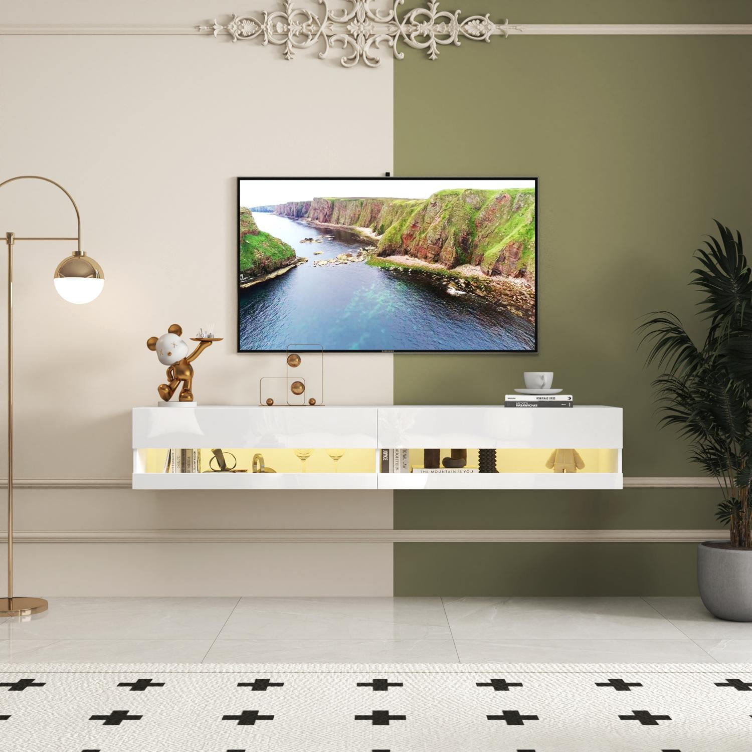 180 Degree Wall Mounted Entertainment Center with Remote-Controlled 20 Color LEDs, Built-in Charging Station, Large Multi-Function Storage, Cable Management, 70.87 Inch Wide, White