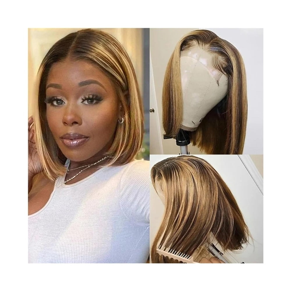 180 Density Highlight Short Bob Human Hair Wig 4×4 Lace Frontal Wig for Black Women Pre Plucked Indian Hair Straight Wig