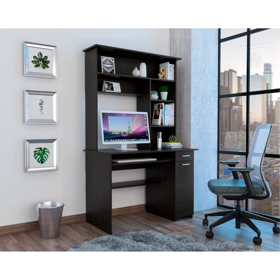 180 Desk In Black With Loads Of Shelves, Keyboard Tray, And 1 Drawer Firm Panel One