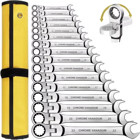 180 Flexible Head Ratchet Wrench Set, 16 Metric Sizes 6-22mm, 72 Teeth, CR-V Steel, Ratchet Wrench Set with Organizer Bag