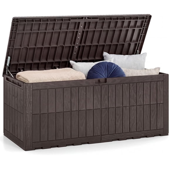 180 Gal Outdoor Deck Box, Lockable Storage Bin with Lid and Handles, Waterproof and Sun-Protective Patio Bench and Storage Box for Garden Tools Pool Supplies (Dark Brown, 180Gallon)
