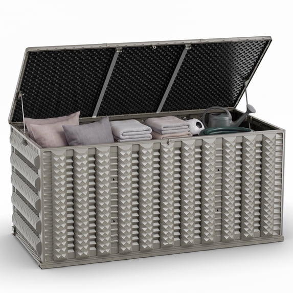 180 Gallon Resin Deck Box, Outdoor Lockable Storage Container for Patio Cushions, Garden Tools, Pool Supplies, Toys, Water Resistant and UV Resistant, Reinforced Rib Design, Built-in Wheels, Gray