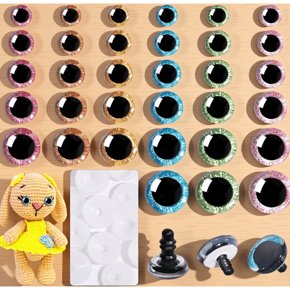 180 Glitter Safety Eyes for Amigurumi with Washers, 12-30mm Crochet Eyes, 6 Colors, 6 Sizes