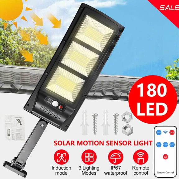 180 LED Solar Street Light with Remote Control & Motion Sensor, IP65 Waterproof 3 Modes Outdoor Solar Flood Light, Adjustable Mount Solar Security Light for Yard Driveway Patio Garage Pathway