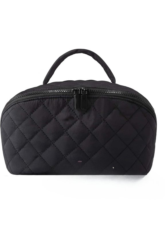 180° Lay-Flat Cosmetic Organizer Kit - Large Capacity Travel Toiletry Bag with Brush Slots + Bonus Beauty Blender Sponge, Creamy Vegan Leather Pouch