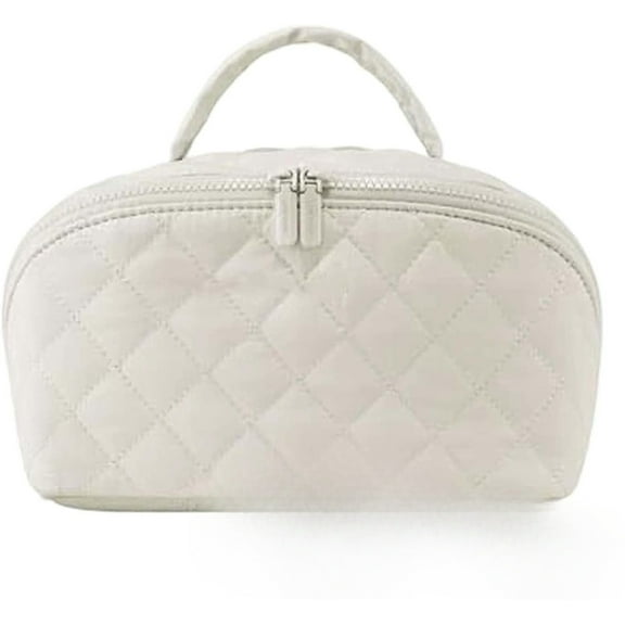 180° Lay-Flat Cosmetic Organizer Kit - Large Capacity Travel Toiletry Bag with Brush Slots + Bonus Beauty Blender Sponge, Creamy Vegan Leather Pouch