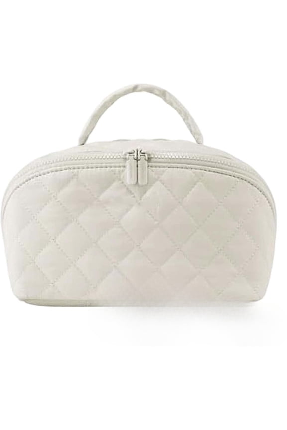 180° Lay-Flat Cosmetic Organizer Kit - Large Capacity Travel Toiletry Bag with Brush Slots + Bonus Beauty Blender Sponge, Creamy Vegan Leather Pouch