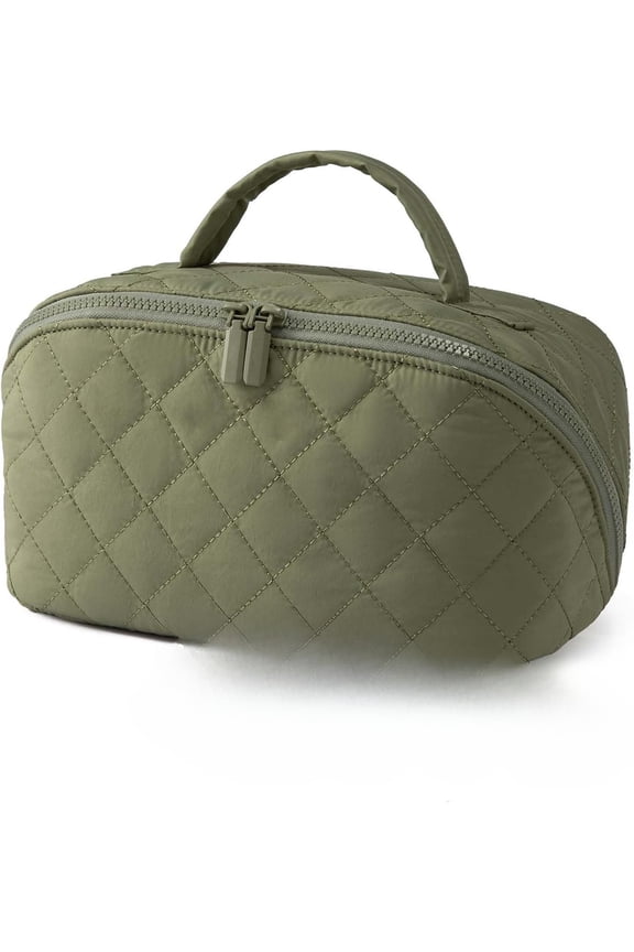 180° Lay-Flat Cosmetic Organizer Kit - Large Capacity Travel Toiletry Bag with Brush Slots + Bonus Beauty Blender Sponge, Creamy Vegan Leather Pouch