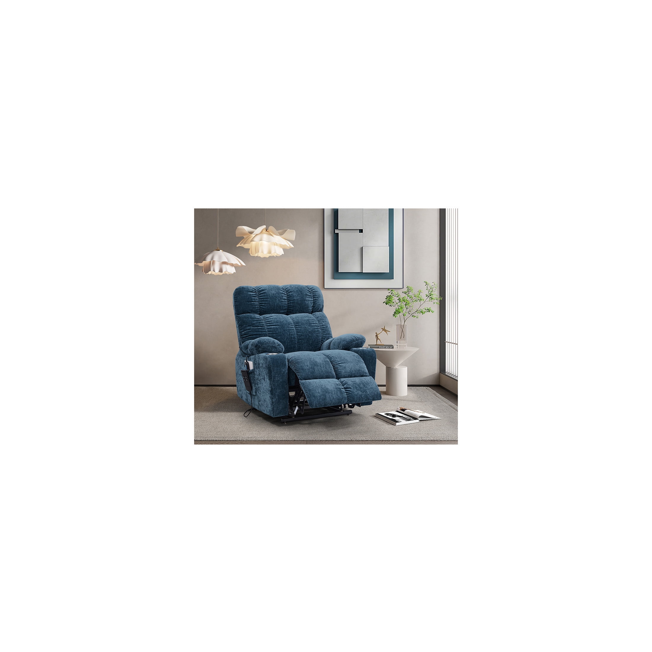 180° Lay Flat Motorized Power Lift Velvet Recliner Chair, with Massage, Blue