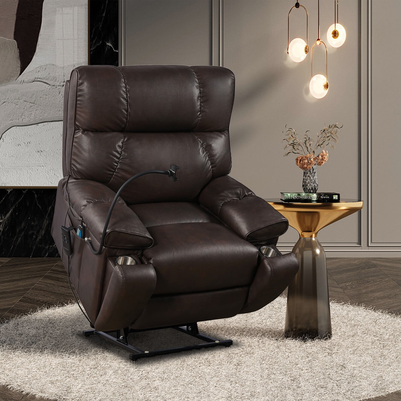 Electric Power Lift Recliner for Elderly 180 Lay Flat Leather Massage Heat Holders Brown Walmart