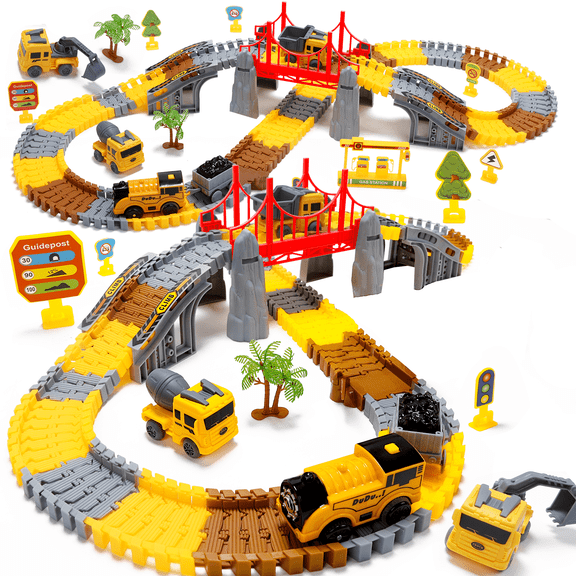 Construction Track Set for Kids, 206 Pcs Flexible Plastic Race Track with Electric Train and Trucks, DIY Railway Toy for Boys and Girls Ages 3–8
