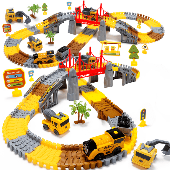 Construction Track Set for Kids, 206 Pcs Flexible Plastic Race Track with Electric Train and Trucks, DIY Railway Toy for Boys and Girls Ages 3–8