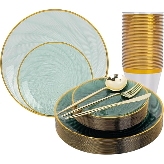 180 PCS Premium Green Disposable Dinnerware Set for 30 Guests with Gold Trim