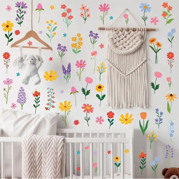 180 PCS Spring Wildflower Wall Decals with Daisy, Sunflower & Lavender, Peel & Stick Removable Repositionable Vinyl Flower Stickers, 16 Sheets DIY Wall Decor for Living Room, Bedroom & Windows