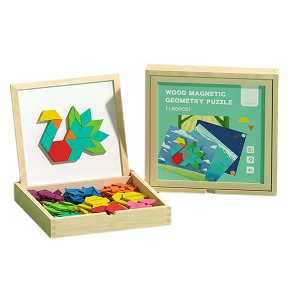 180 PCS Wooden Magnetic Pattern Blocks Set – Montessori Tangram Puzzle with Pattern Cards & Storage Bag | Preschool Montessori Brain Teaser, STEM Gift