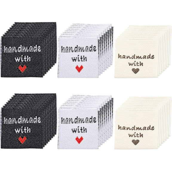 180 PCS Woven Sew-on Tags 3 Colors Handmade Sewing Labels Pre-cut Sew On Labels with Test Says Handmade with Love for Personalized Crafts Made Clothes and More 0.78 x 0.78Inch colorful DIY