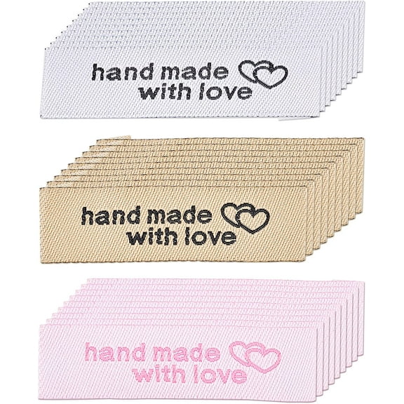 180 PCS Woven Sew-on Tags 3 Colors Pre-Cut Sew On Labels Handmade Woven Sewing Labels with Test Says Handmade with Love for Personalized Crafts Custom Made Clothes 0.6 x 2 Inch