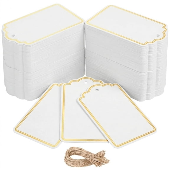 180-Pack 3.5 x 2 inch Gold Foil Metallic Gift Tags with String, Writable Blank Labels for Baby Shower, Birthday, Wedding, Party Favor & DIY Craft