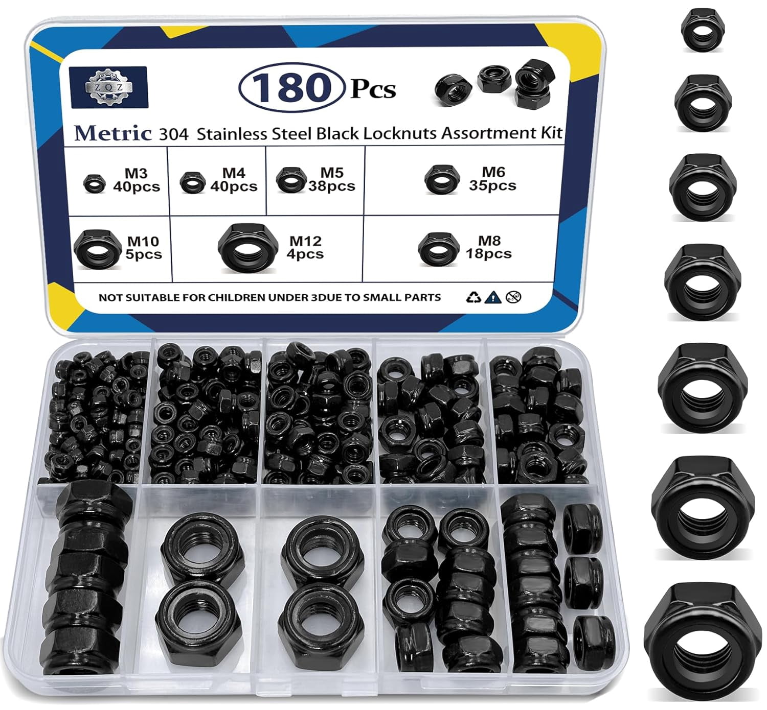 180 Pack Black Locknuts Assortment Kit, M3 M4 M5 M6 M8 M10 M12 Metric Black Nylon Insert Lock Nuts Set, 304 Stainless Steel Standard Threaded Nylock Nuts