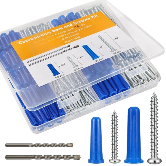 180 Pack Conical Concrete Anchors & Self-Tapping Screws Assortment Kit, 90 Masonry Wall Anchors + 90 Matching Screws for Brick, Cement, Cinder Block, Stucco & Tile, Includes 2 Replacement Drill Bits