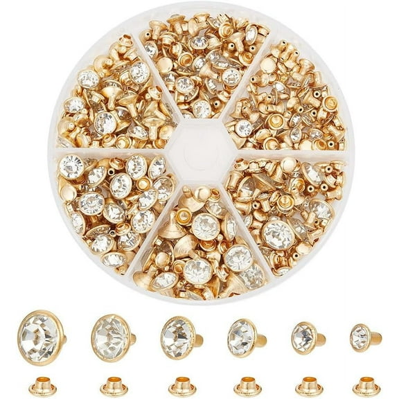 180 Pcs 6 Sizes Brass Rivets Studs Flat Round Rivets Semi-Tublar Rivets Brass Rivets Studs Rhinestone Rivets for Leathers Craft Making and Decoration Pink