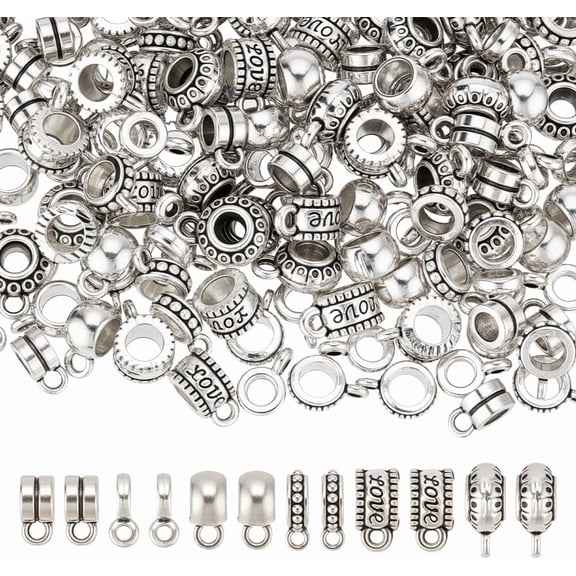 180 Pcs 6 Styles Alloy Bail Beads Charms Tube Bail with Loop Carving Column Charms Spacer Loose Bead Dangle Hanger Beads for Crafting Jewelry Making Silver DIY