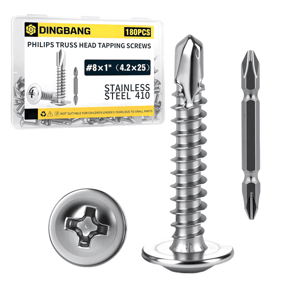 180 Pcs (#8×1"/4.2*25 ) 410 Stainless Steel Self Tapping Screws For Metal, Philips Truss Head Self Tapping Sheet Metal Screws Assortment Kit With Screw Driver Bit