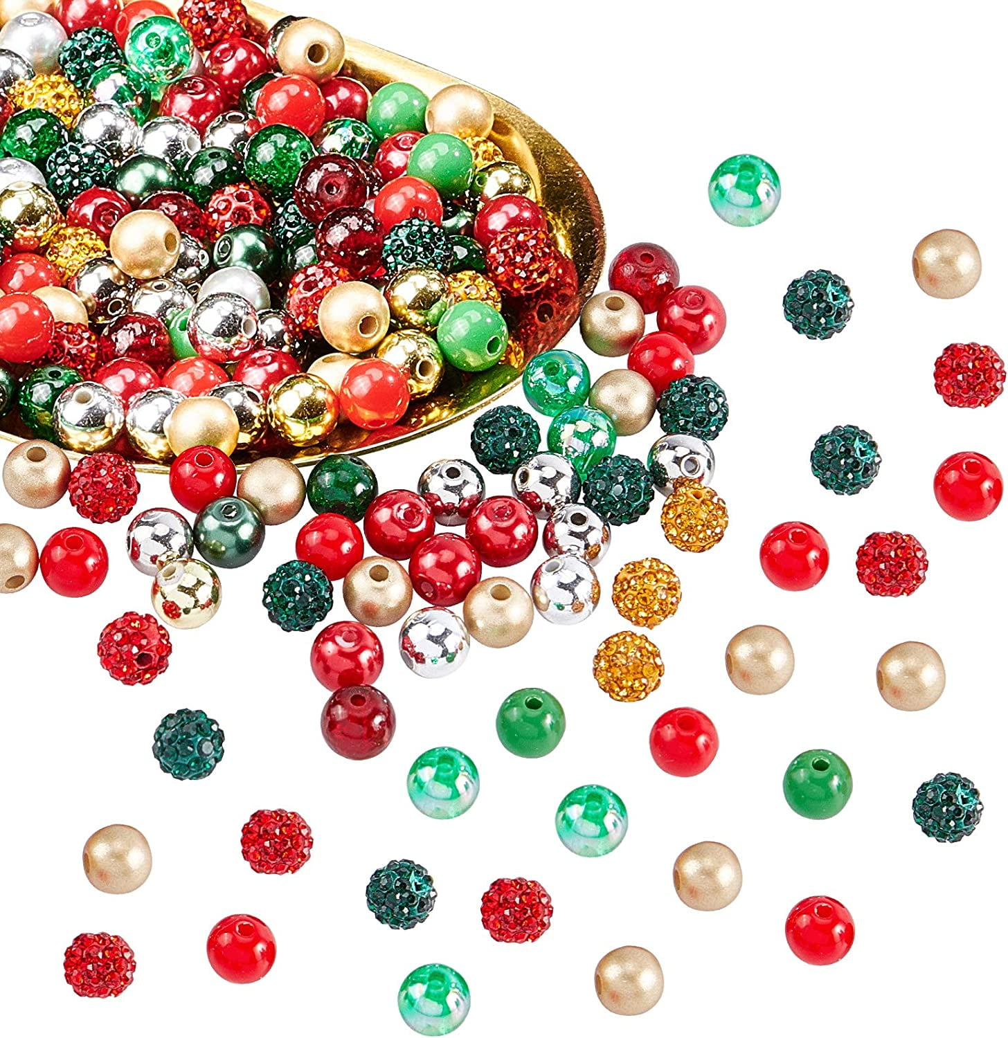 180 Pcs 8mm Mixed Christmas Beads Assorted Material Glass Loose Beads