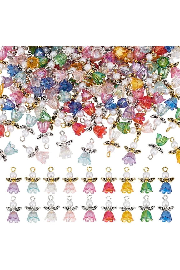 180 Pcs 9 Colors Angel Charms 2 Styles Imitated Pearl Angel Wing Charm Acrylic Alloy Guardian Charm Angel Fairy Pendants for Necklace Bracelet Christmas Jewelry Making