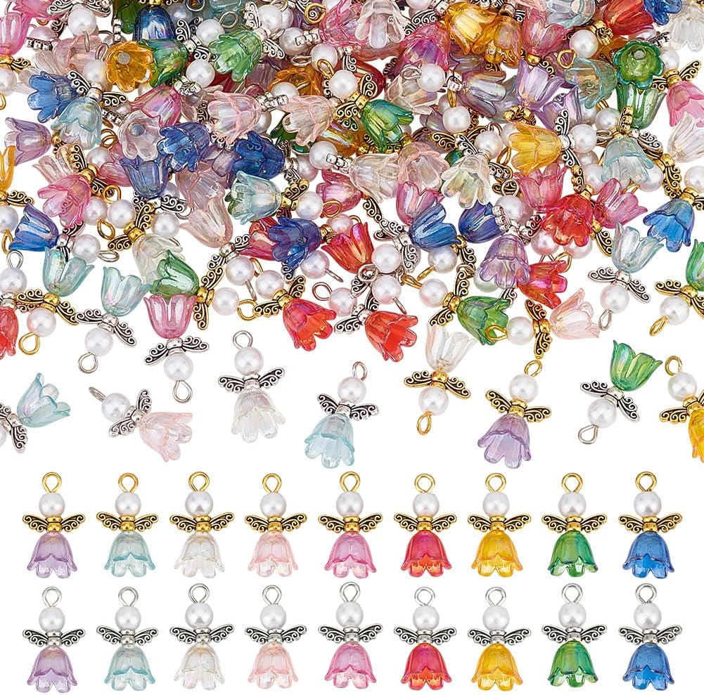 SFTD 180 Pcs 9 Colors Angel Charms 2 Styles Imitated Pearl Angel Wing Charm Acrylic Alloy Guardian Charm Angel Fairy Pendants for Necklace Bracelet Christmas Jewelry Making