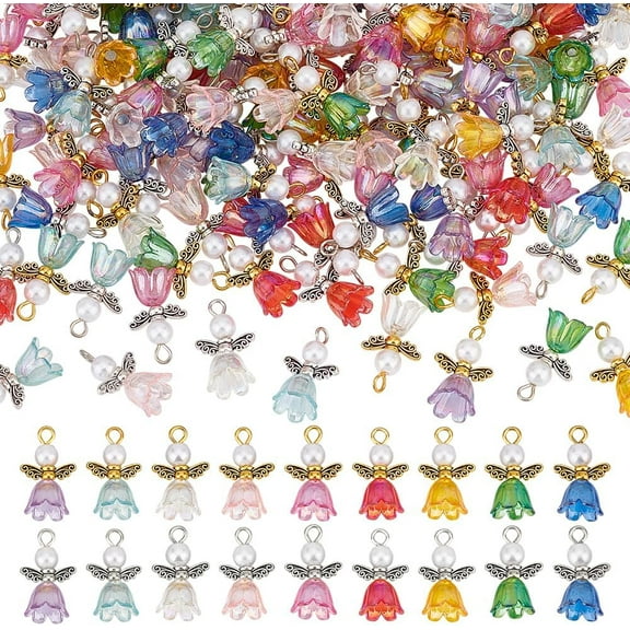 180 Pcs 9 Colors Angel Charms 2 Styles Imitated Pearl Angel Wing Charm Acrylic Alloy Guardian Charm Angel Fairy Pendants for Necklace Bracelet Christmas Jewelry Making