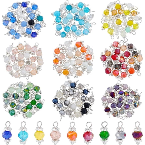 180 Pcs 9 Colors Crystal Dangle Charms Electroplate Glass Pendants End Drop Beads Charms with Brass Bead Cap Clear Glass Bead Charms for DIY Earrings Necklace