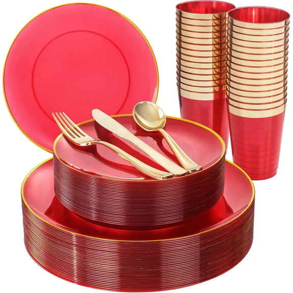 180 Pcs Clear Gold Disposable Plastic Plates and Silverware Set Including Dinner Plates Dessert Plates Forks Knives Spoons